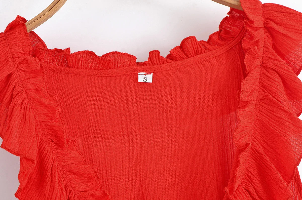 LIZAKOSHT  -  Elegant Layered Ruffle Dress Women 2025 New Summer Loose Sexy V-neck Sleeveless A-line Mini Dresses Vacation Party Evening Dress