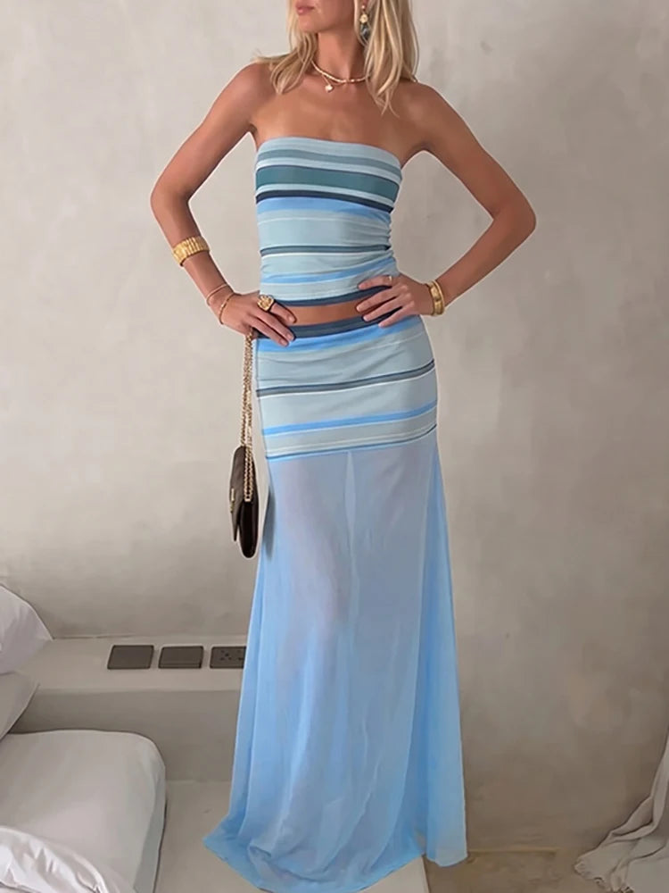 LIZAKOSHT  -  Sexy Strapless Off Shoulder Suit Chic Striped Backless Splice Outfit Casual Sleeveless Vest+Mesh Semi Transparent Skirt 2pc Set