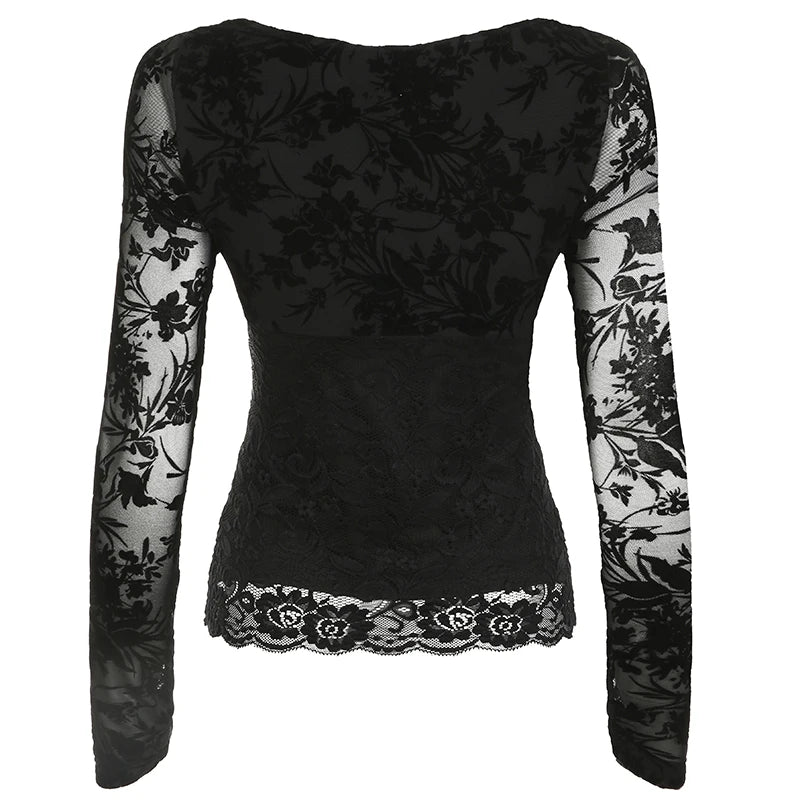 LIZAKOSHT  -  Sweetown Black Lace V-Neck Slim Fit Long Sleeve Women Blouses Sexy Hottie All-Match Chic Fashion Trendy Clothing