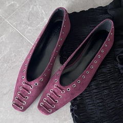 LIZAKOSHT  -  Square Toe Faux Suede Flats Women Comfort Rivet Design Shallow Mouth Loafers Vintage Soft Sole Designer Mary Jane Shoes