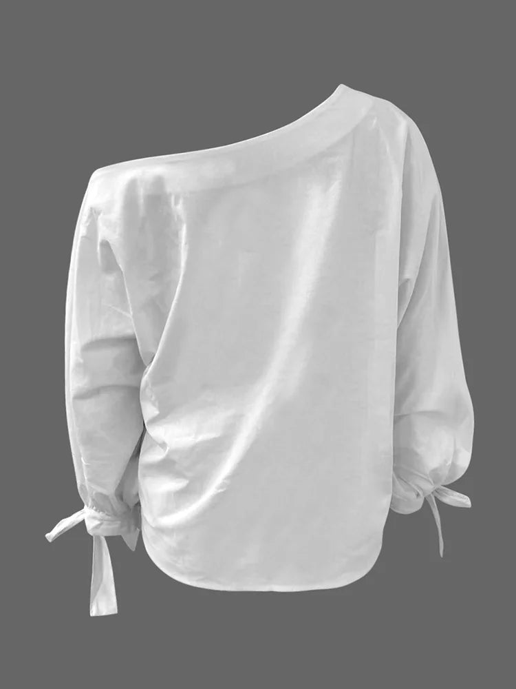 LIZAKOSHT  -  Simple Off Shoulder Women's Tees One-Shoulder Tops Elegant Loose Asymmetric Tied Casual White Blouses&Shirts Female