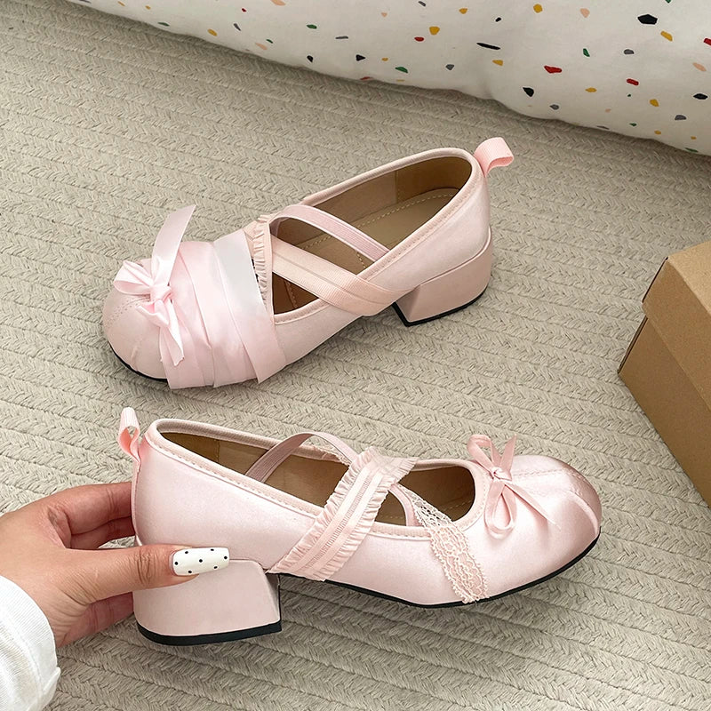 LIZAKOSHT  -  Lace Cross Strap Women Mary Jane Shoes Fashion Sweet Butterfly-knot Thick Heel Shoes Spring Autumn Ladies Elegant Dress Pumps