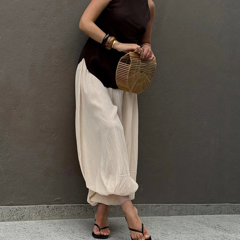 LIZAKOSHT  -  Elegant Ladies Simple Solid Color Trousers Summer New Puff Loose Women's Commute Pants Casual High Waist Pleated Wide Leg Pants