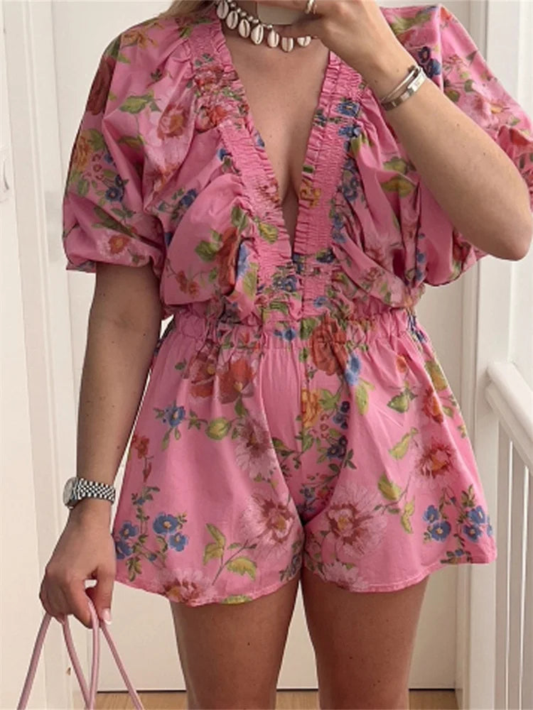 LIZAKOSHT  -  Women Deep V-Neck Loose Rompers Floral Print Short Puff Sleeve Summer Jumpsuits High Waist Playsuits Streetwear