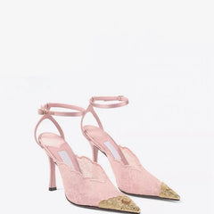 LIZAKOSHT  -  Summer New Lace Embroidered Net Head Cover Sandals Women's Thin Heel Pointed Toe Sexy Color Block Shoes Silk Velvet Slip-On