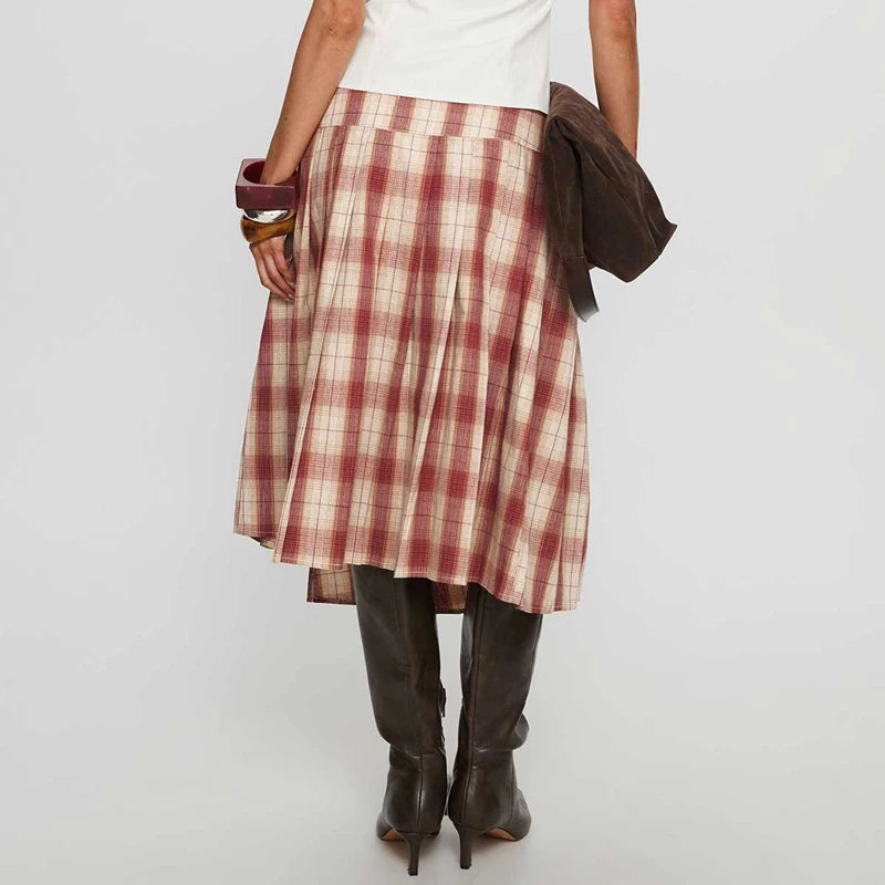 LIZAKOSHT  -  Women Vintage Plaid Midi Skirt Stylish Irregular Hem Bow Tie Pleated Skirts Preppy Cute Y2k Gingham A Line Skirt