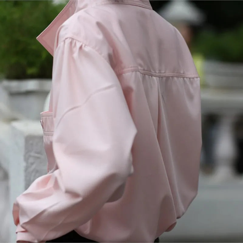LIZAKOSHT  -  Autumn New Solid Pink Fashion Women Blouse Office Lady Slit Stand Collar Shirts Loose Casual Simple Female Coat Jacket