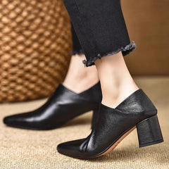 LIZAKOSHT  -  Women's  Pointed Toe Block Heel Pumps Soft Leather Deep Mouth Slip On Shoes Elegant Mid Heel Office Ladies Footwear for Autumn