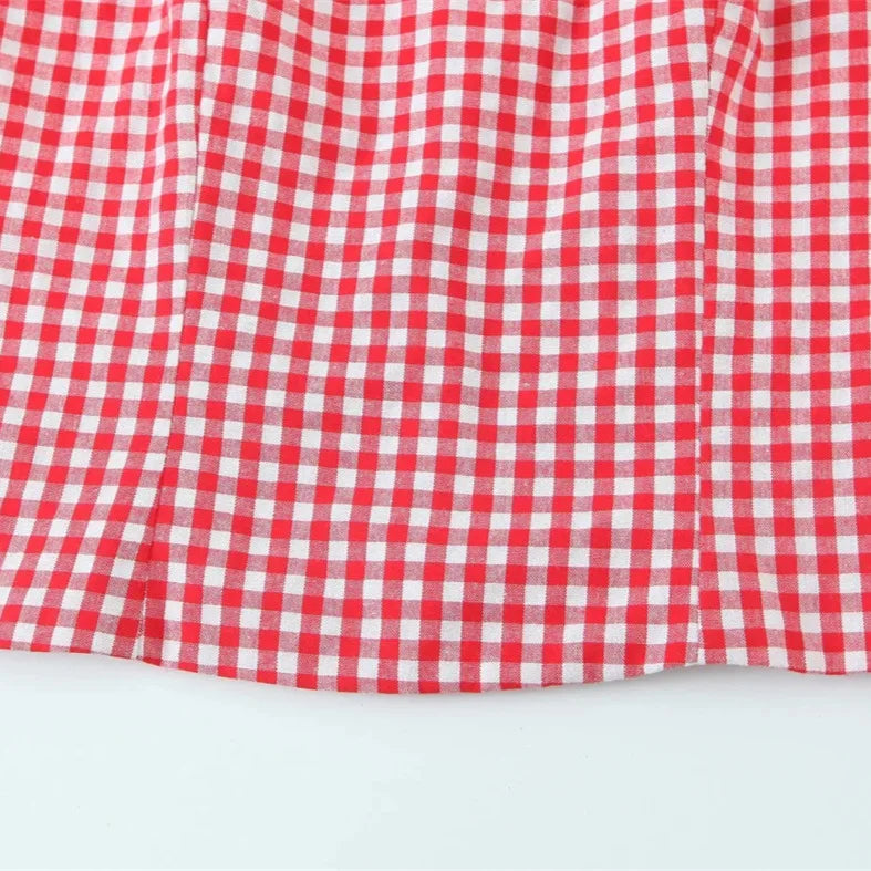 LIZAKOSHT  -  Women Strap Back Smocking Eloise Linen Top Tomato Check