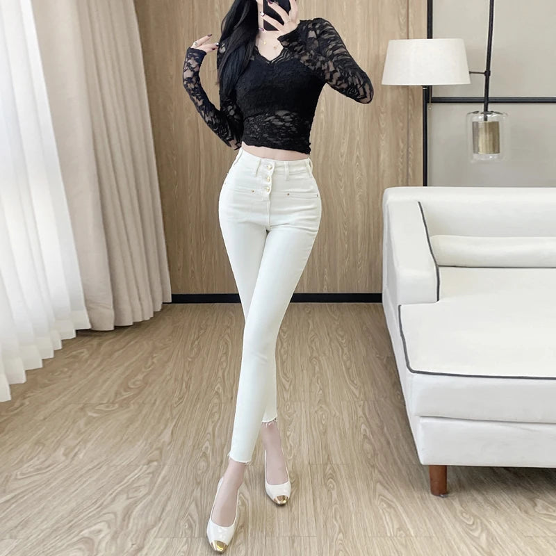LIZAKOSHT  -  New White Skinny Jeans Woman High Waist Casual Stretch Jeans Vintage Sexy Femme Ankle Length Pencil Pants Denim Jeans
