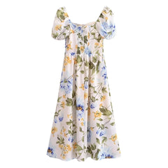 LIZAKOSHT  -  Europe and America 2024 Summer New French Retro Floral Lace Tie Bow Short Sleeve Dress