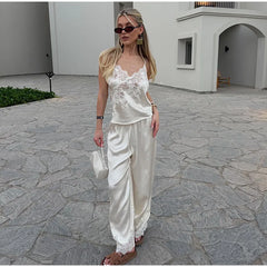 LIZAKOSHT  -  Elegant Satin Lace Patchwork Long Pants Set for Women Fashion Solid Female Sling Vest Shorts Set Summer Lady 2 Pcs Outfits