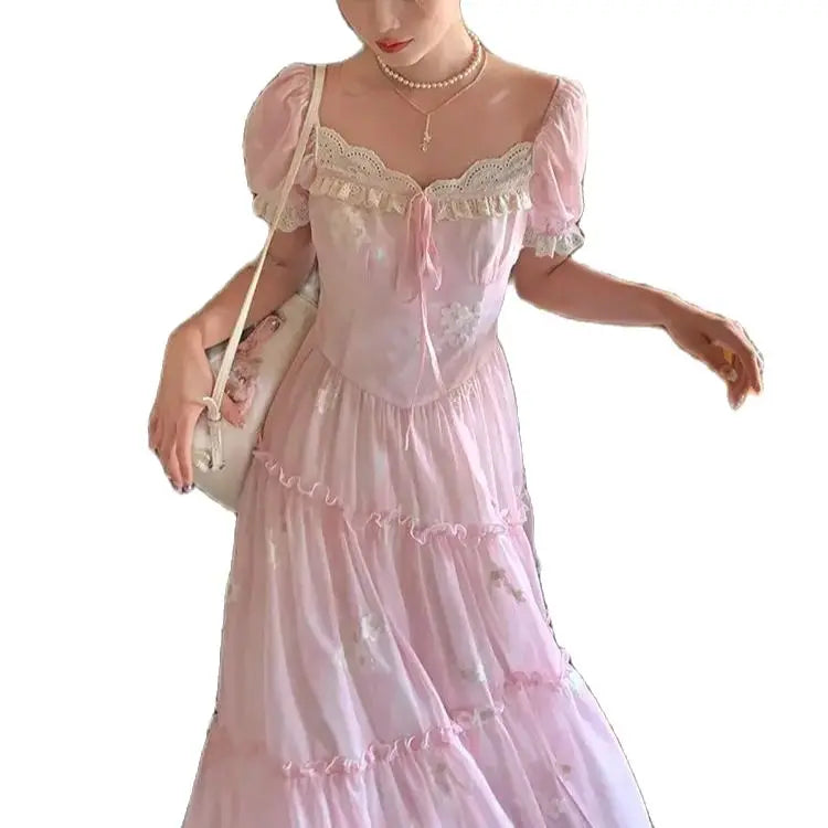 LIZAKOSHT  -  Dress With Lace Embroidery Flowers Pink Gentle And Sweet French Romantic Super Fairy Puff Sleeve Long Dress Large Size Summer