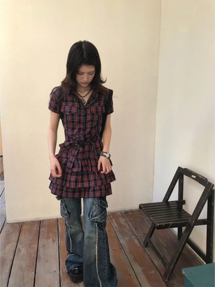 LIZAKOSHT  -  Vestidos De Mujer Summer Woman Dress Preppy Style Short Sleeve Bandage Vintage Shirt Robe Femme Casual Plaid A-line Dresses