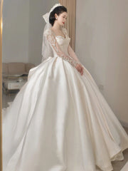 LIZAKOSHT  -  Satin Luxury Wedding Dresses Illusion O Neck Applique Sequined Beads Full Sleeve A Line Robe De Mariée Vestido Bow Bridal Gowns