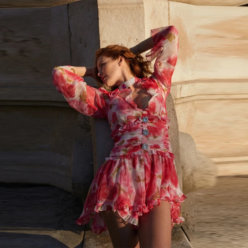 LIZAKOSHT  -  Sexy Tie-dye Print Ruffles Short Dress Women V-neck Flare Full Sleeve A-line High Waist Dresses 2025 Summer Vacation Beach Robes