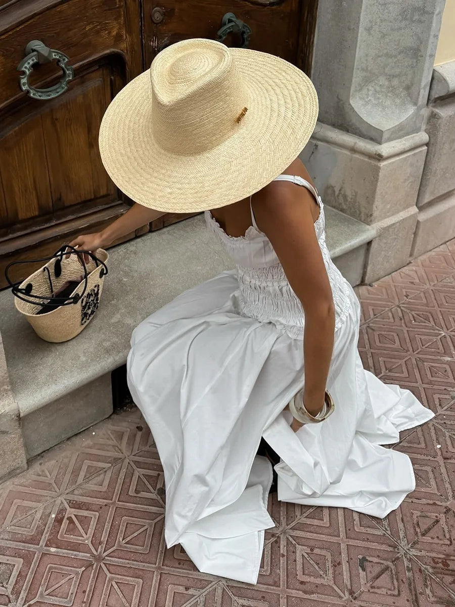 LIZAKOSHT  -  New 2026 Summer White Ruched Long Dresses Women's Spaghetti Strap Cotton Slim Fitted Waist Dress