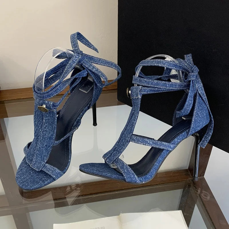 LIZAKOSHT  -  Sexy Thin High Heels Women Sandals Design Style Denim Button Ankle Lace-up Shoes Summer Gladiator Pumps