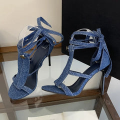LIZAKOSHT  -  Sexy Thin High Heels Women Sandals Design Style Denim Button Ankle Lace-up Shoes Summer Gladiator Pumps