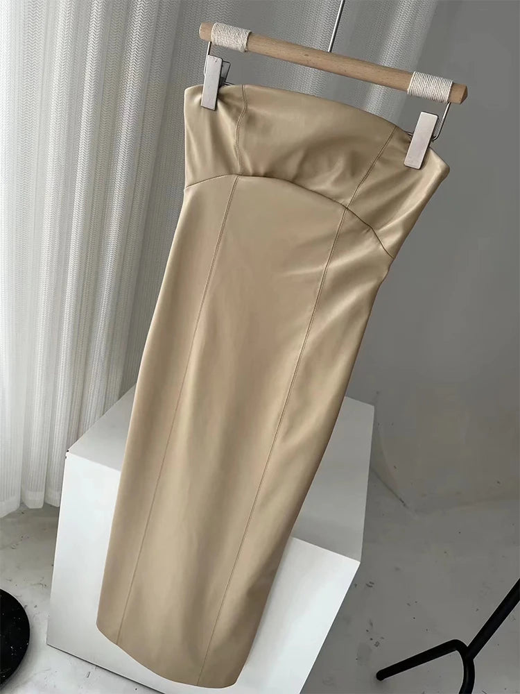 LIZAKOSHT  -  Women Faux Leather Strapless Dress Autumn Ladies Sexy Leather Dress Party Vintage Slim Female Chic Bottoms Mujer