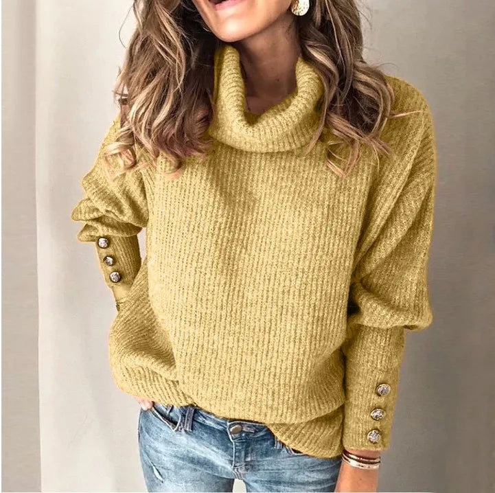 LIZAKOSHT  -  Solid Color Fashion Autumn Winter Women's New Button Hoodie High Collar Knitted Shirt Casual Comfortable Long Sleeve Top