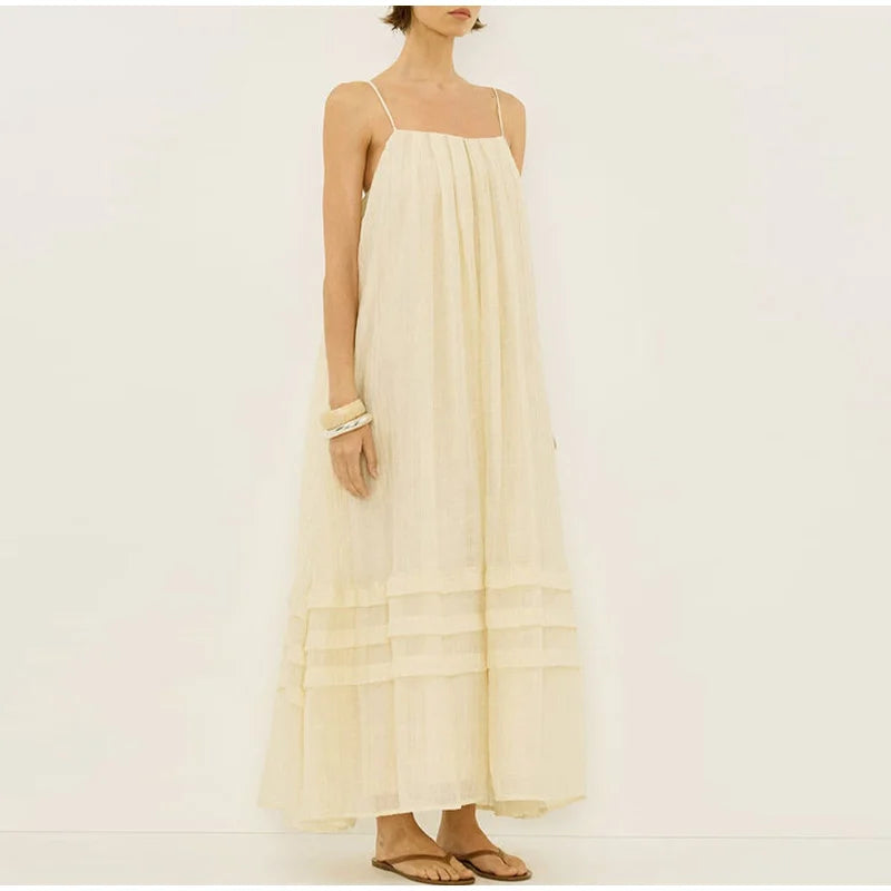 LIZAKOSHT  -  Casual Loose Pleated Sling Long Dress Women Chic Simple Beige Sleeveless Low Cut Holiday Dresses Lady Retro Summer Beach Vestido
