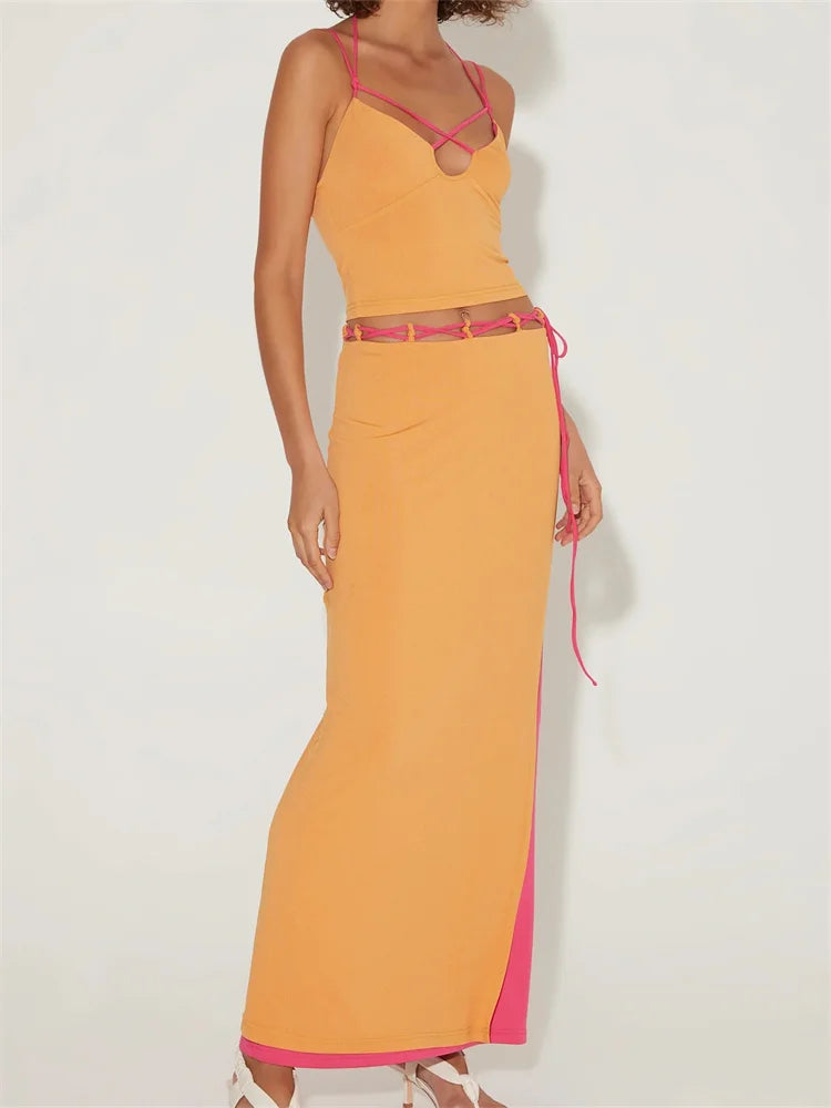 LIZAKOSHT  -  Sexy Women 2 Pieces Summer Outfits Sleeveless Spaghetti Strap Halter Camis Tops Split Long Skirts Sets Beachwear