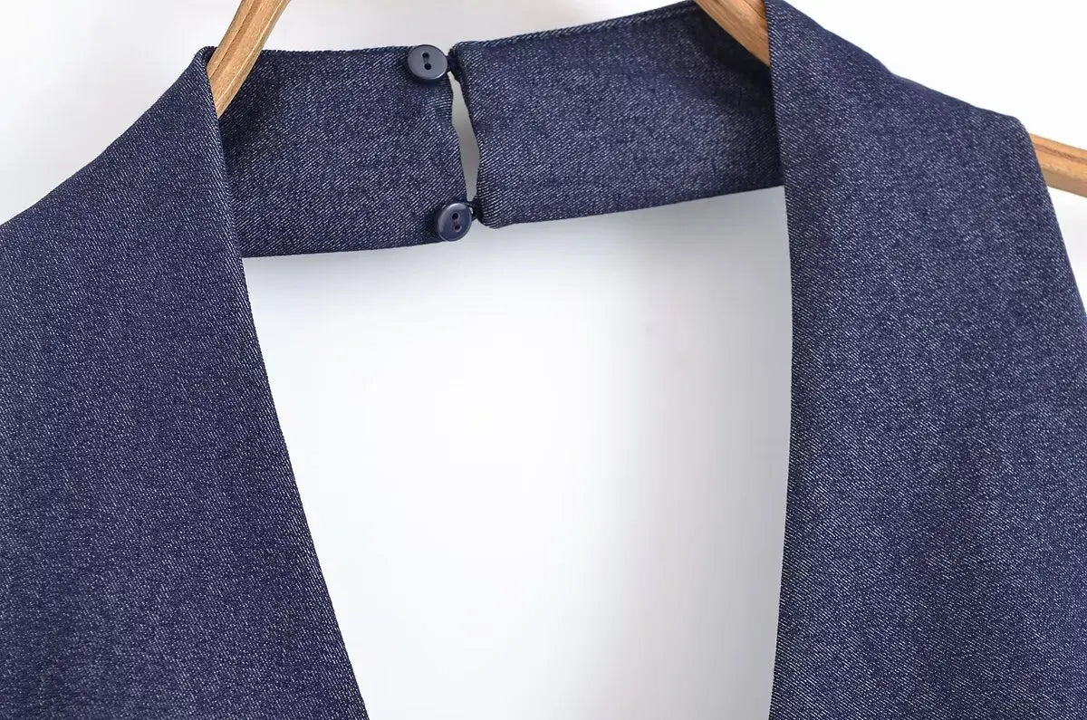 LIZAKOSHT  -  Denim Dress Summer 2025 New Fashion Slim V-neck Hanging Neck Elegant Long Dress Women Street Holiday Chic Youth Party Dress