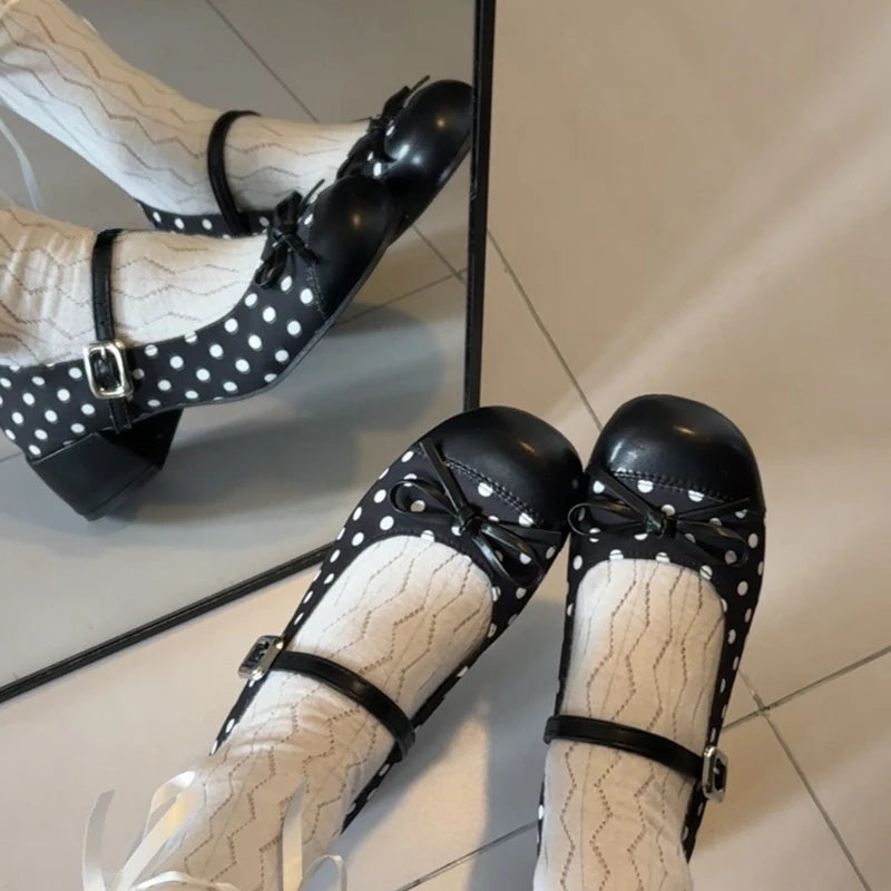 LIZAKOSHT  -  Cute Polka Dot Thick Heel Women Mary Jane Shoes Designer Buckle Strap Pumps Ladies Eelgant Butterfly-knot Dress Single Shoes