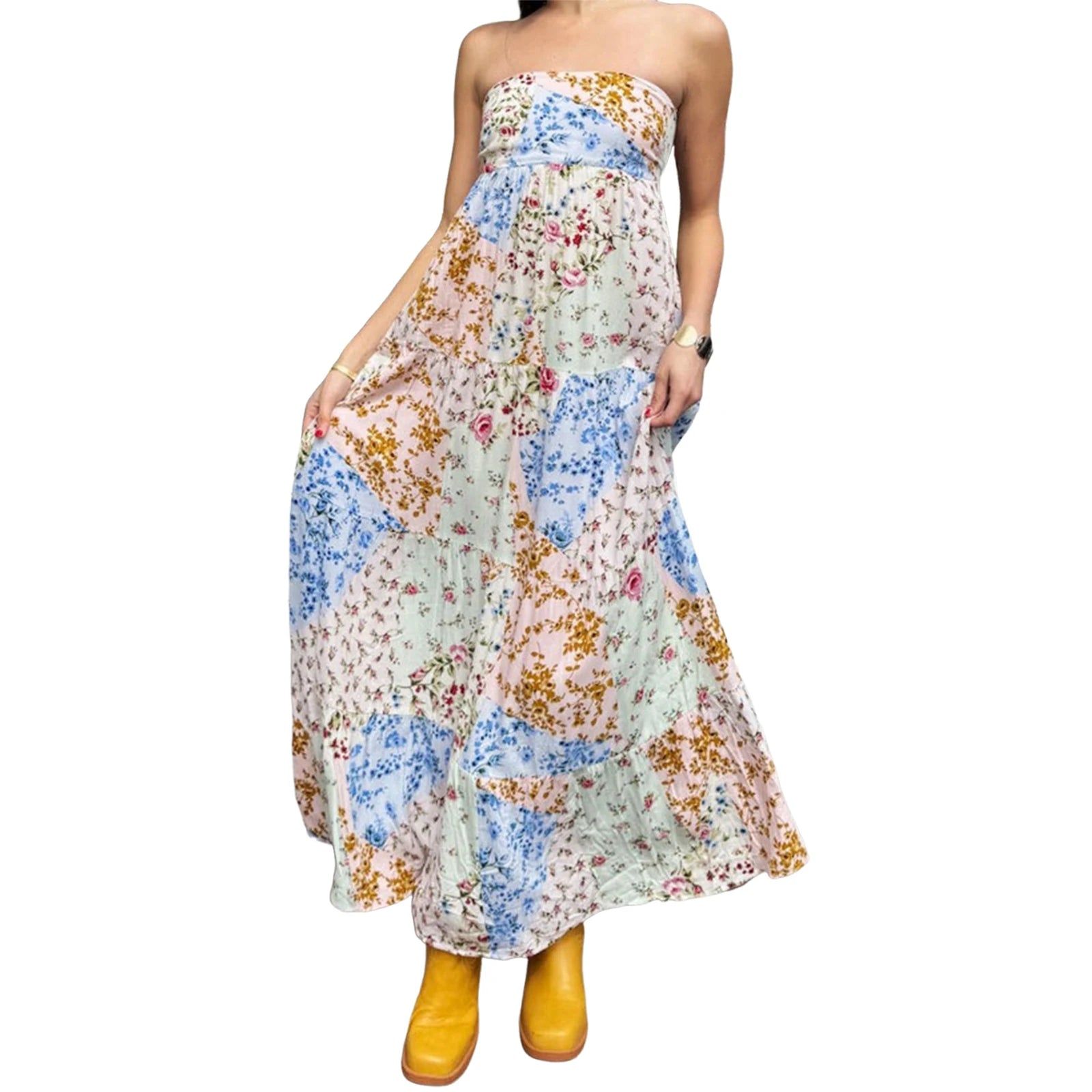LIZAKOSHT  -  Elegant Off-Shoulder Maxi Dress with Boho Floral Print and Lace-Up Back Detail for Summer Wedding Party or Vacation Beachwear