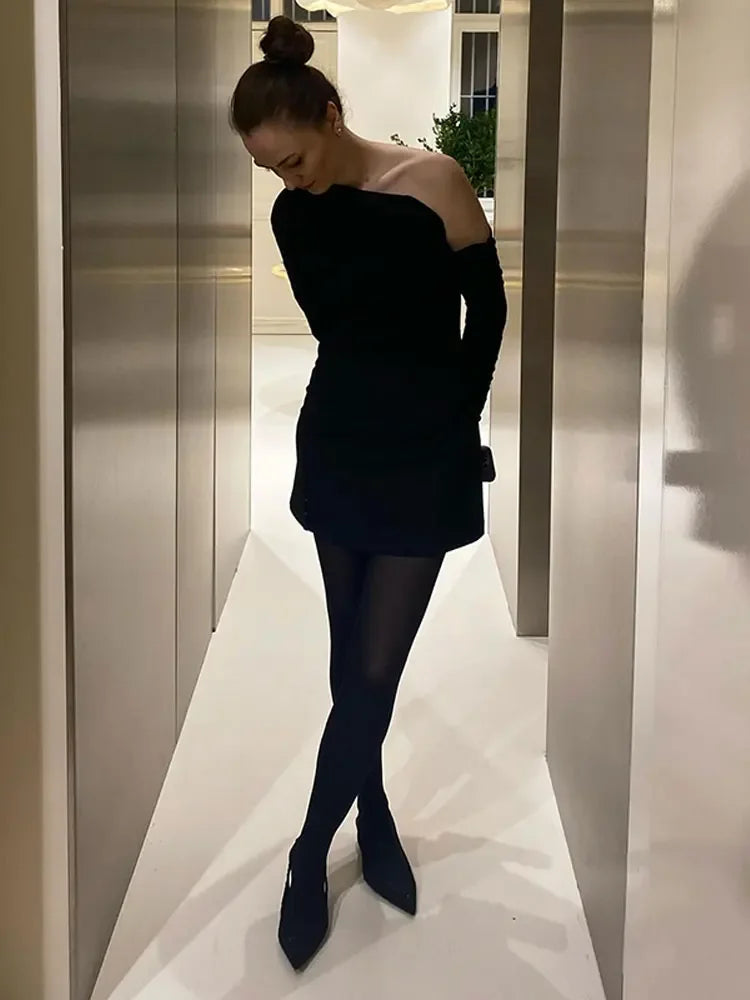 LIZAKOSHT -  Black Diagonal Collar Mini Dress For Ladies Elegant Long Sleeve Off Shoulder Slim Fit Dresses Women's Banquet Clubwear Vestidos