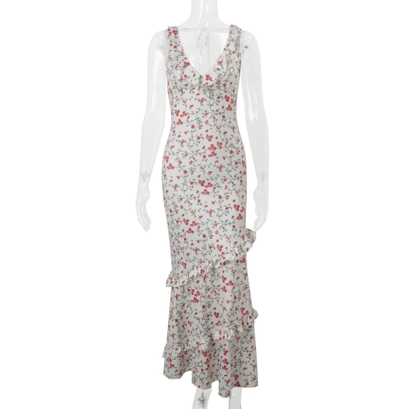 LIZAKOSHT  -  Floral Print Sexy V Neck Ruffles Elegant Bodycon Maxi Dresses Spring Fashion Holiday Streetwear Party Women Vestidos