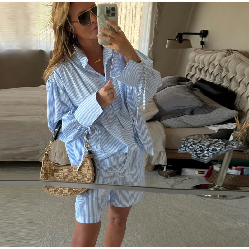 LIZAKOSHT  -  Casual Short Women Lapel Single-breasted Shirt Straight Wide-leg Shorts Fashion Loose Two Pieces Set Women Vacation Lady Outfit