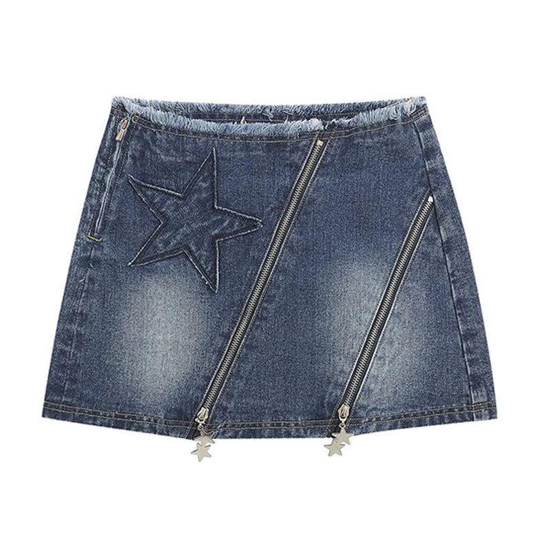 Lizakosht Women's Summer Mini Denim Skirt Y2k Clothes Bodycon Jupe Star Zipper Front Vintage Woman Skirts Faldas De Mujer Streetwear