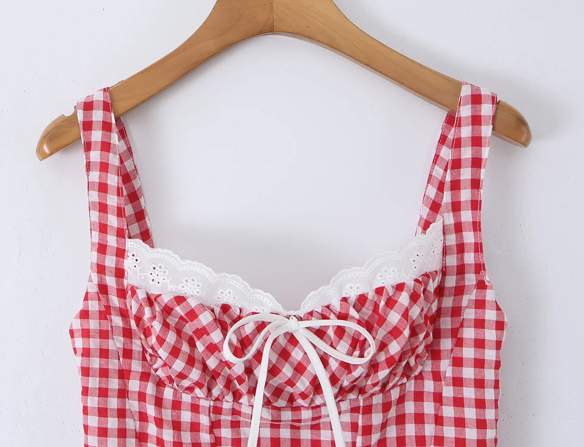 LIZAKOSHT  -  Sexy Red Plaid Spliced Lace Bow Ruched Chest Tank Top + High Waist Wood ears Mesh Lining Swing Cake Mini Skirt Suits 2pcs 1 Set