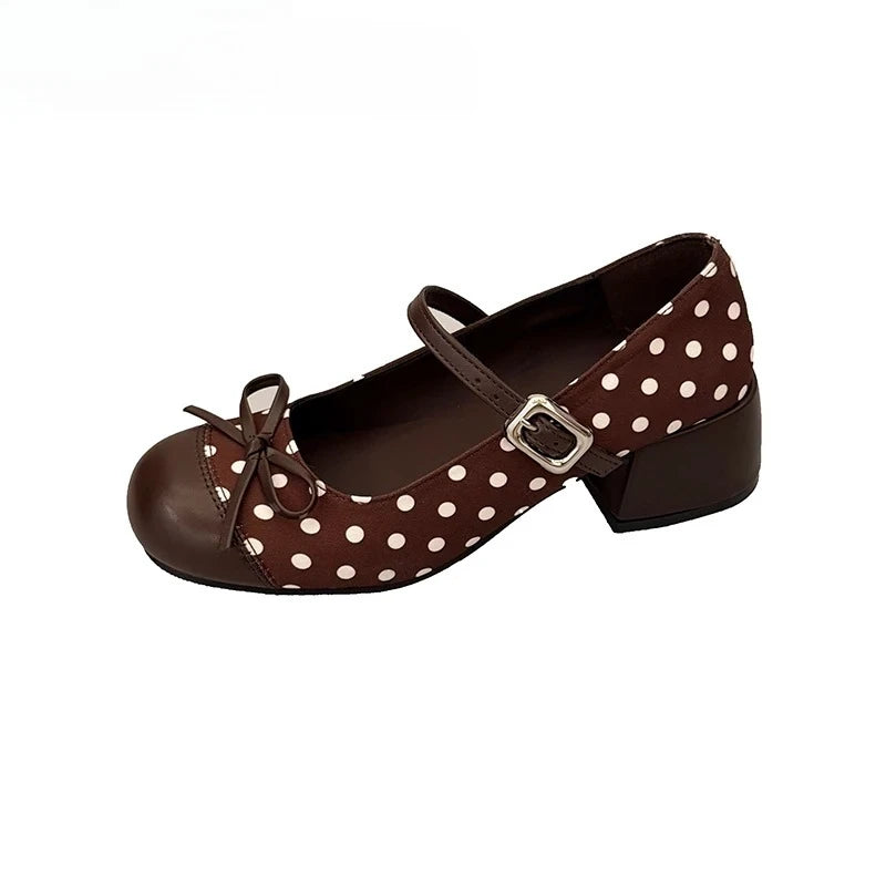 LIZAKOSHT  -  Cute Polka Dot Thick Heel Women Mary Jane Shoes Designer Buckle Strap Pumps Ladies Eelgant Butterfly-knot Dress Single Shoes