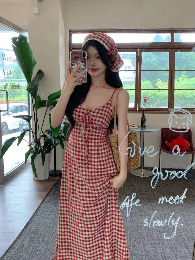 LIZAKOSHT  -  Sexy Backless Red Plaid Dress Women Summer Sweet Skinny Spaghetti Strap Dress Pretty Style Chic Elegant Party Night Vestidos