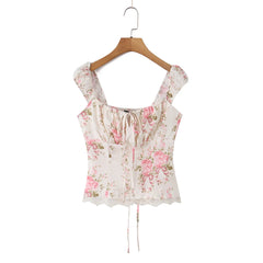 LIZAKOSHT  -  Sexy Pink Floral Print Bow Collar Elastic Strap Tank Top Slim Corset Women Lacing up Sashes Back Lace Hem Side Zipper Crop Vest