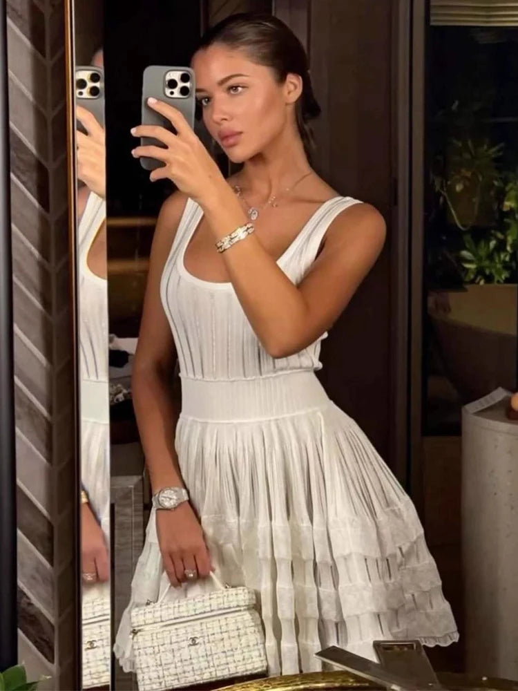 LIZAKOSHT  -  Hollow Out Ruffle Knit Sundress Women High Waist Casual Solid Sleeveless Dresses Vacation Party Sexy Backless Tank Dress