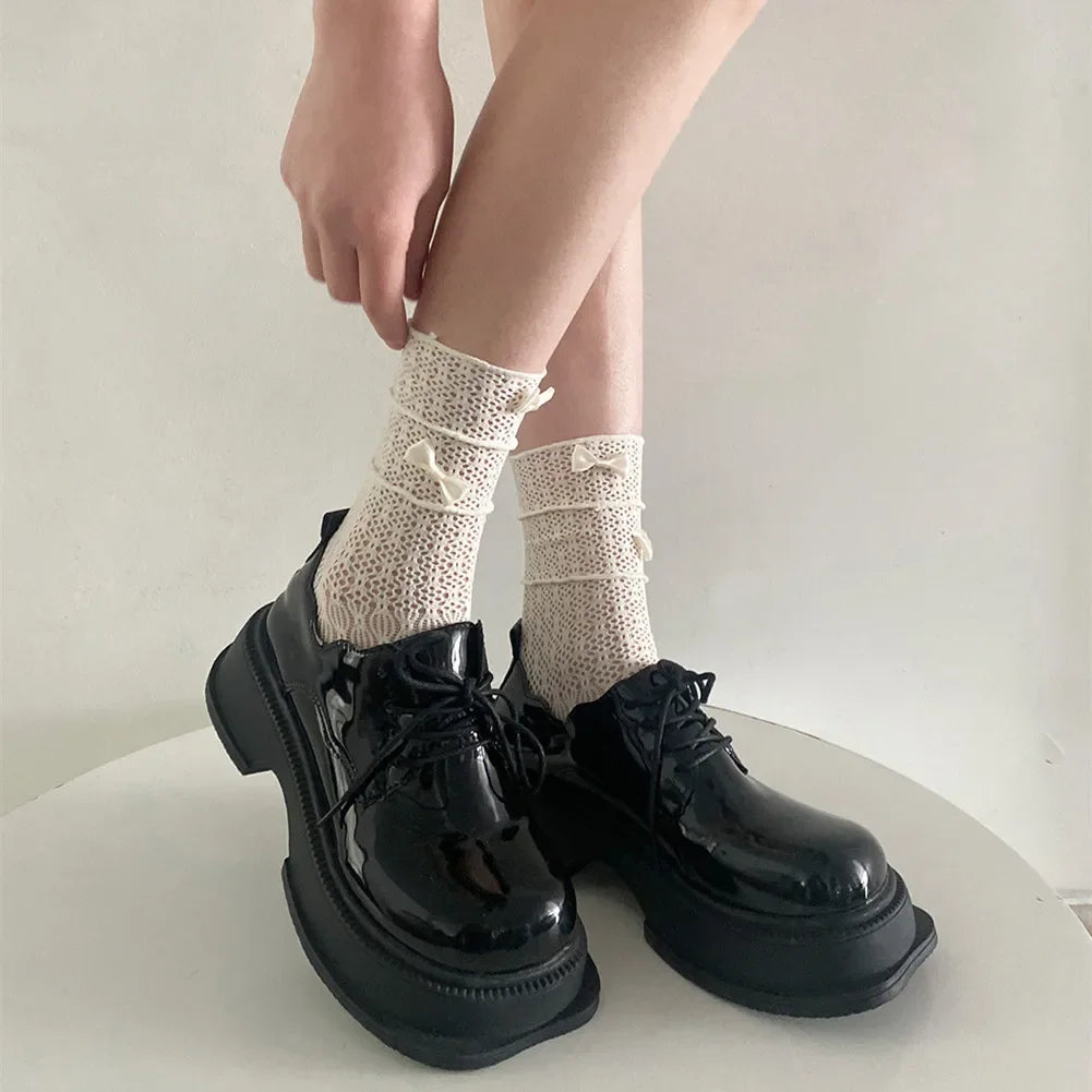 LIZAKOSHT -  Japanese Style Girls Long Socks Summer Hollow Out Mesh Breathable Lace Ruffle Socks JK Lolita Kawaii Bowknot Cute Socks Women