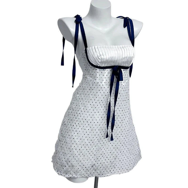 LIZAKOSHT  -  Fashion Women Dress High Quality Polka Dot Nightdress Sexy Mesh Bow Bodycon Vintage Dresses vestidos Wedding Night Dress