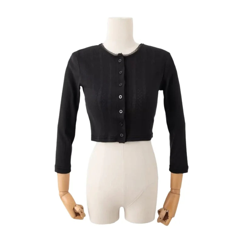 LIZAKOSHT  -  Early Autumn Short Hollow out Lace Trim Long Sleeve round Neck Single Button Open Cardigan Women's T-shirt Cotton Blend