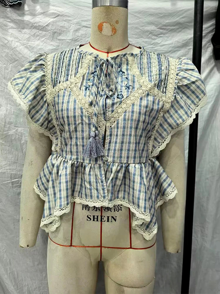 LIZAKOSHT  -  Embroidered Plaid Ruffle  Top Round Neck Uneven Flounce Hem Spring Summer Picnic  Lady Women Cottage Vintage Sweet  Outfit