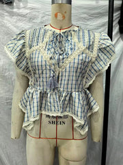LIZAKOSHT  -  Embroidered Plaid Ruffle  Top Round Neck Uneven Flounce Hem Spring Summer Picnic  Lady Women Cottage Vintage Sweet  Outfit