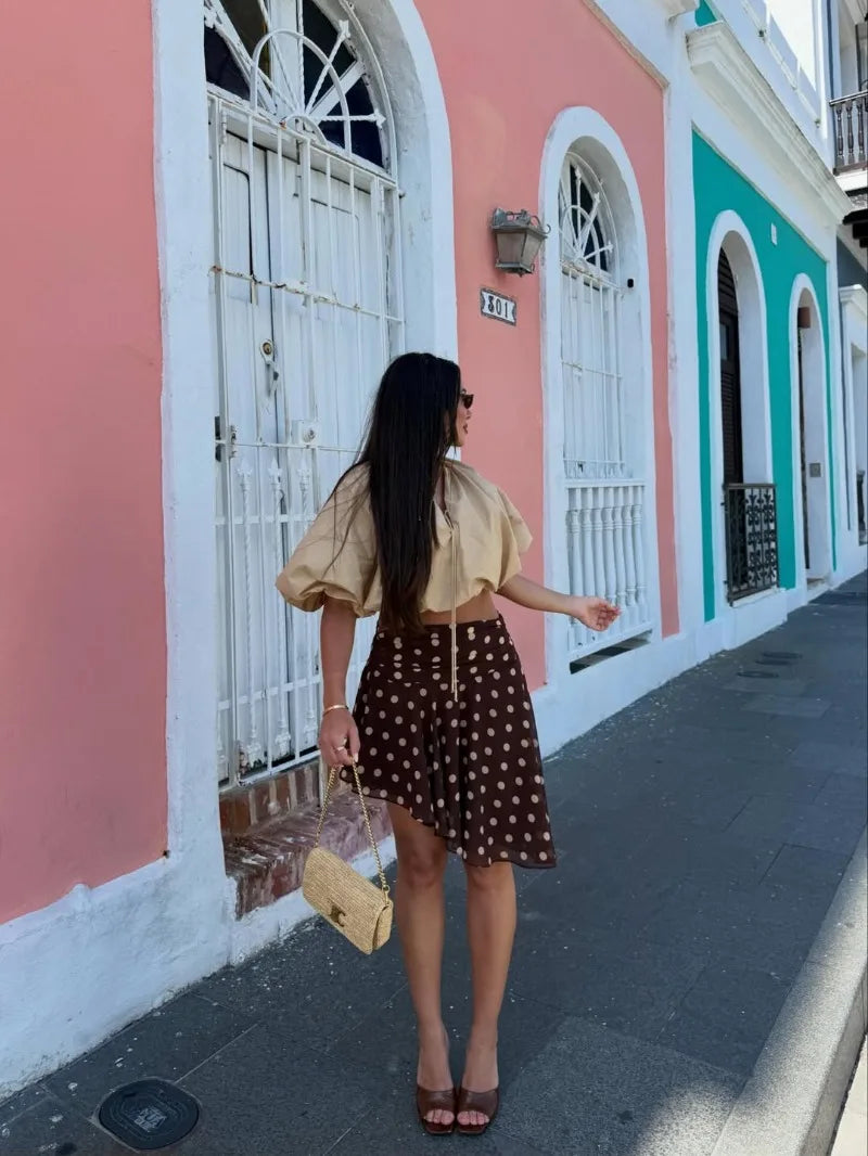 LIZAKOSHT  -  Vintage Dot Print Mini Skirt For Women Summer High Waist Folds Asymmetry Skirts Street Fashion Party Club Casual Skirt New