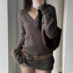 LIZAKOSHT  -  Vintage V Neck Knitted Sweaters Women Fall Winter Hotsweet Slim Fit Long Sleeve Pullovers American Retro Solid Lazy Wind Jumpers