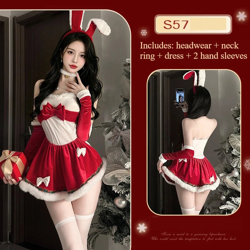  LIZAKOSHT  -  Women Christmas Bunny Costume Off Shoulder Mini Dress Set Cute Rabbit Ear Headband Neck Cuff Long Sleeve Gloves Party Outfit