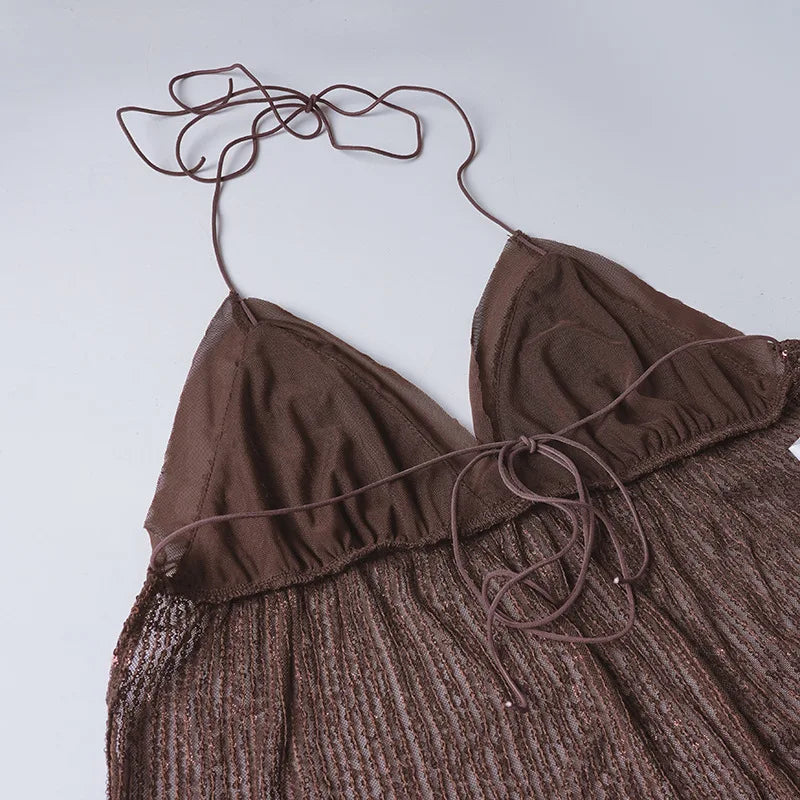 LIZAKOSHT  -  Retro Glitter Dress Sets Sexy V-neck Shiny Backless Lace-up Vest Glitter Skirt Set Fashion Party Club Women Dress Sets