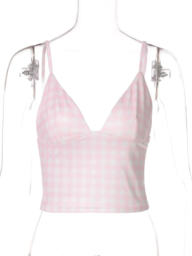 LIZAKOSHT  -  Girls Summer Deep V-neck Plaid Camisoles Y2K Woman Clothing Sexy Sleeveless Backless Crop Tops Pink Corset Streetwear