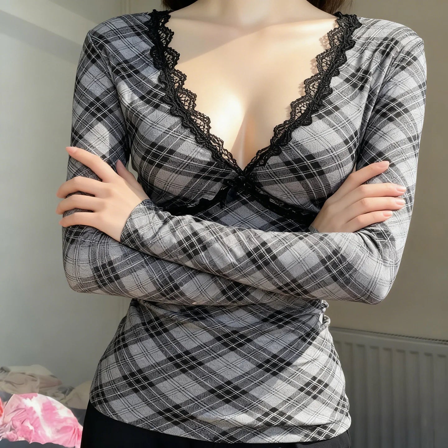 LIZAKOSHT  -  Y2K Lace Lace T Shirt Women Deep V Neck Plaid Long Sleeve Slim Fit Slimming Fashion Inner Top Pure Desire Sweet Style